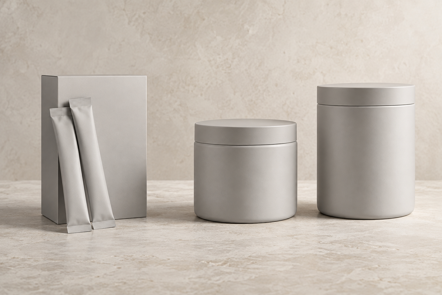 Unbranded gray stick packs and powder containers representing confidential product development