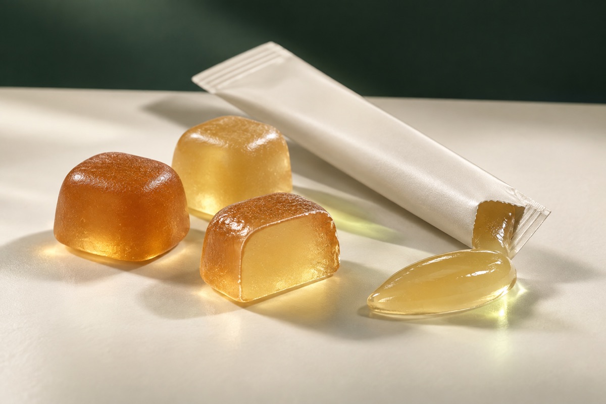 Amber gummies, a cut gel interior and an unbranded jelly stick pack.