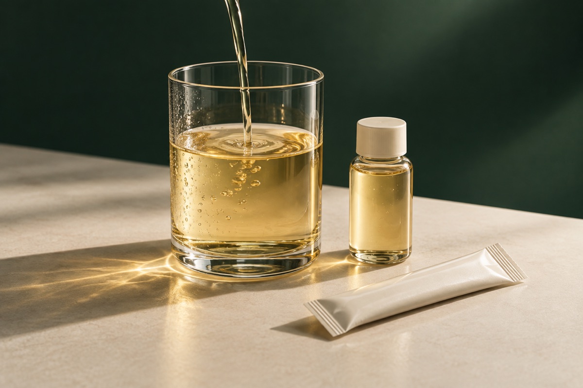 Pale amber beverage, liquid sample bottle and unbranded sachet.