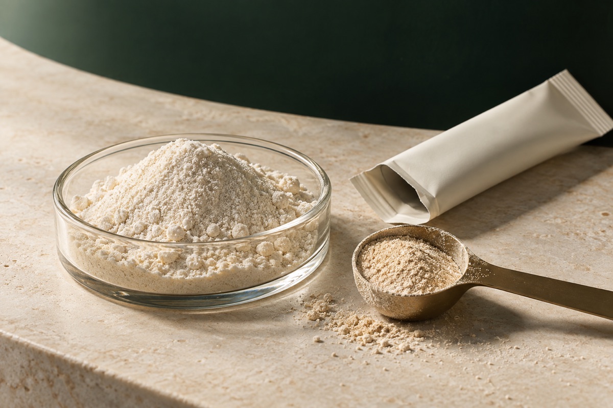 Fine formulation powders, a sample scoop and an opened stick pack.