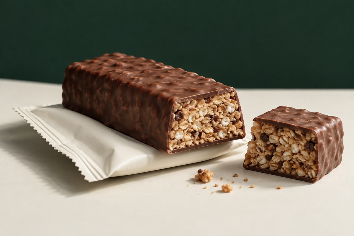 A nutrition bar and bite with visible crisp inclusions in cross-section.